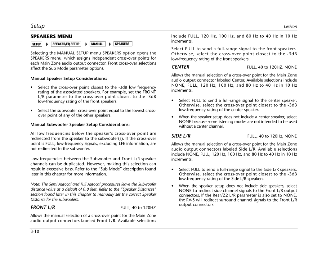 Lexicon RV Receiver manual Speakers Menu, Front L/R, Center, Side L/R 
