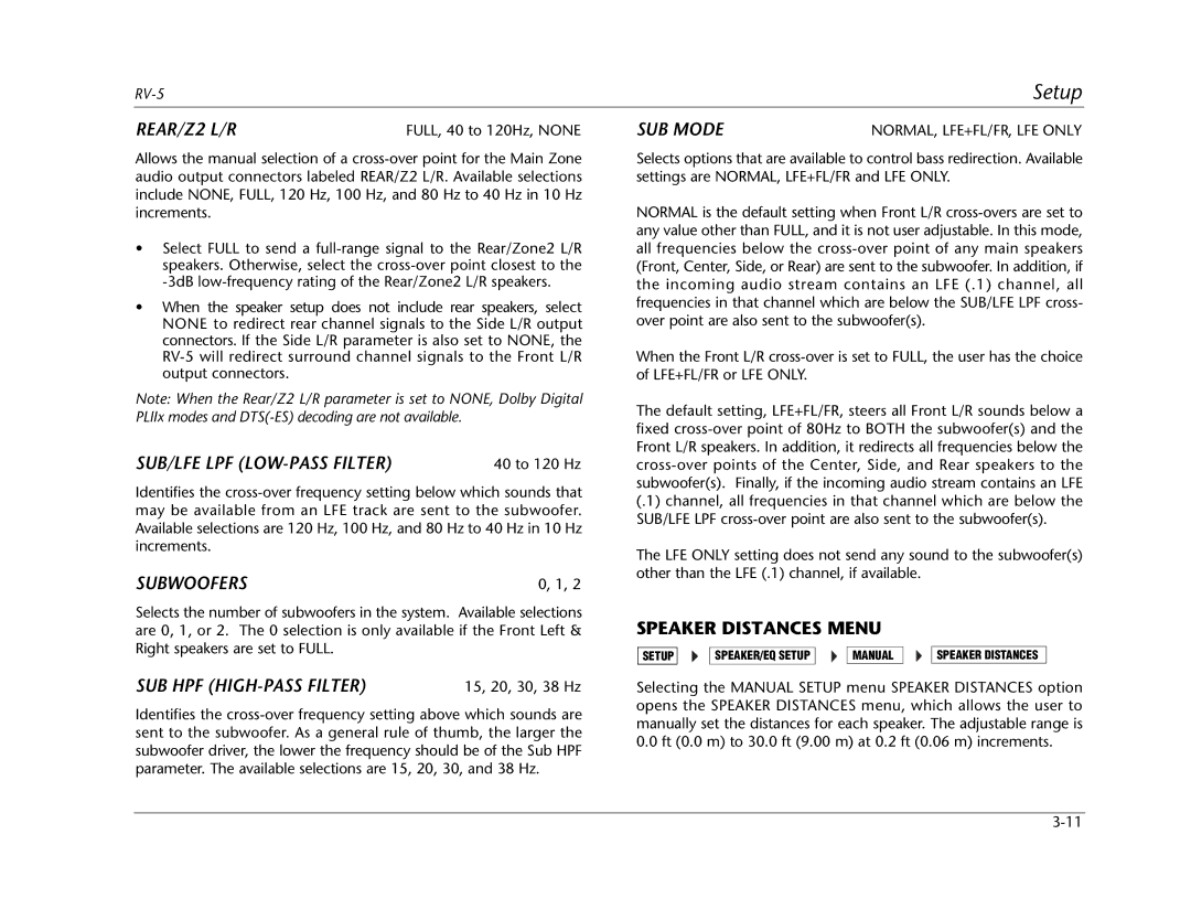 Lexicon RV Receiver manual REAR/Z2 L/R, SUB/LFE LPF LOW-PASS Filter, Subwoofers, SUB HPF HIGH-PASS Filter, SUB Mode 