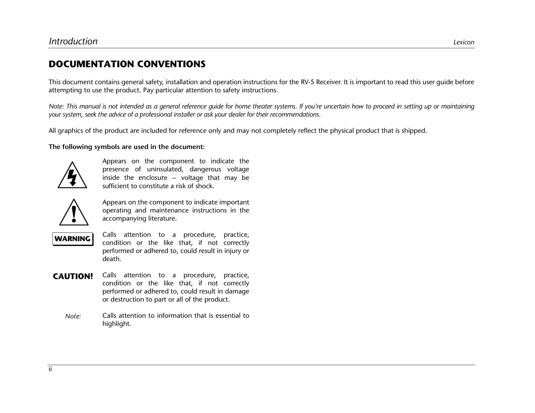 Lexicon RV Receiver manual Documentation Conventions, Following symbols are used in the document 