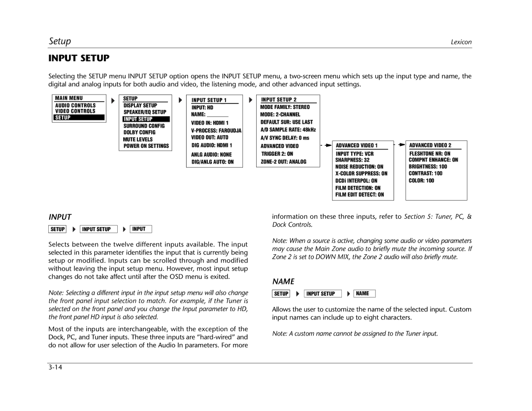 Lexicon RV Receiver manual Input Setup, Name 