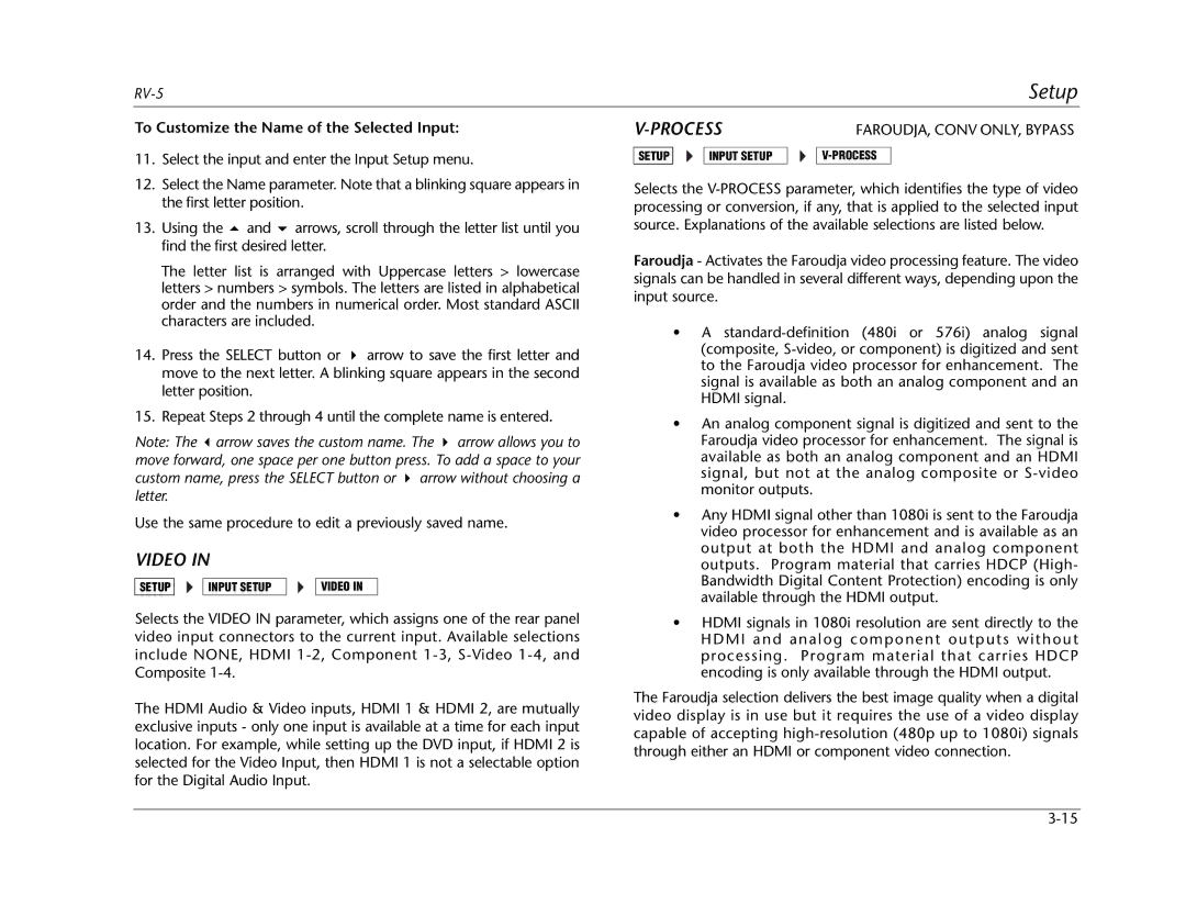 Lexicon RV Receiver manual Video, Process, To Customize the Name of the Selected Input 