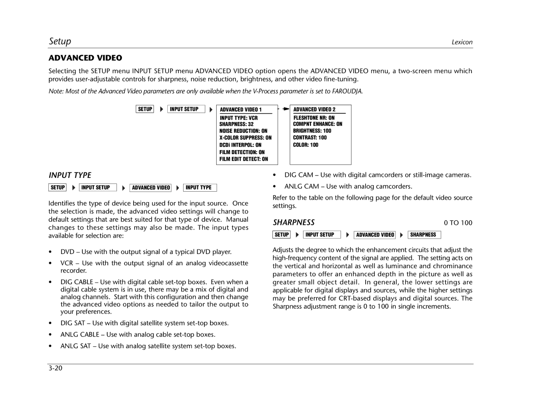Lexicon RV Receiver manual Advanced Video, Input Type, Sharpness 
