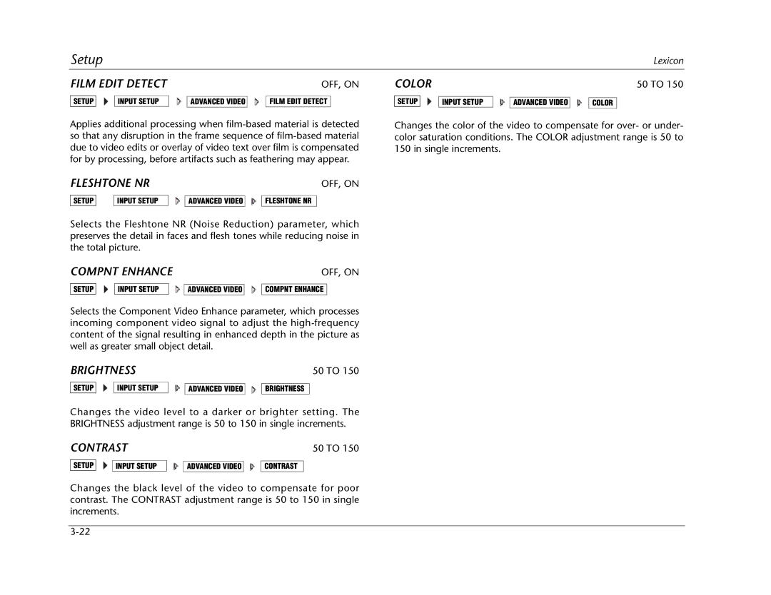 Lexicon RV Receiver manual Fleshtone NR, Compnt Enhance, Color, Contrast, 50 to 