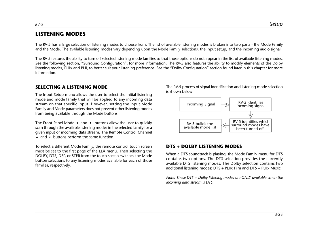 Lexicon RV Receiver manual Selecting a Listening Mode, DTS + Dolby Listening Modes 