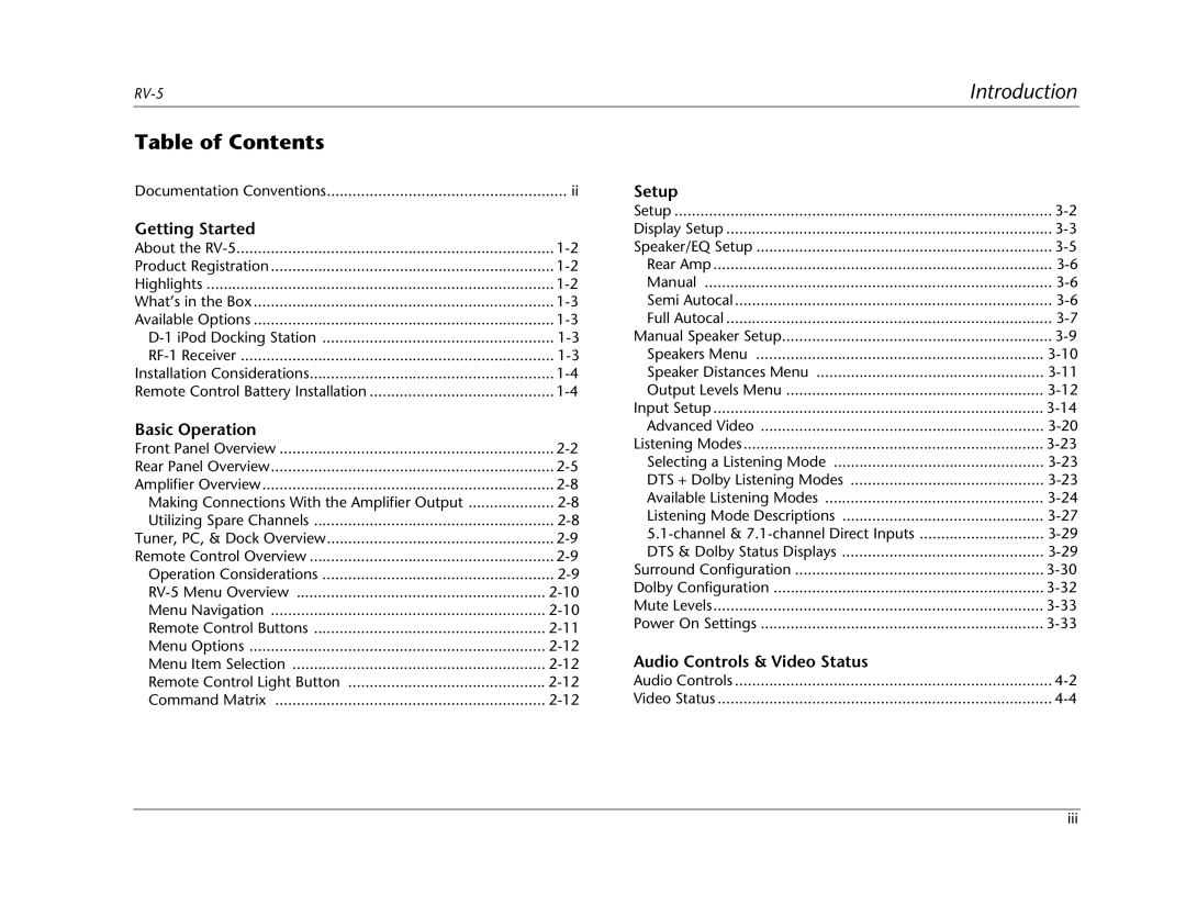 Lexicon RV Receiver manual Table of Contents 