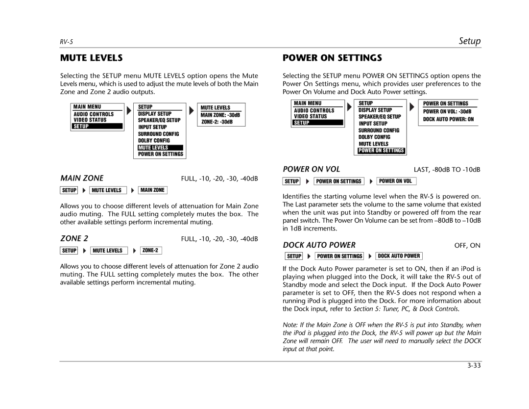 Lexicon RV Receiver manual Mute Levels, Power on Settings 