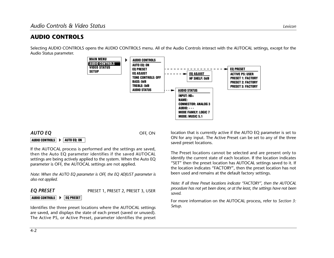 Lexicon RV Receiver manual Audio Controls, Auto EQ, EQ Preset 