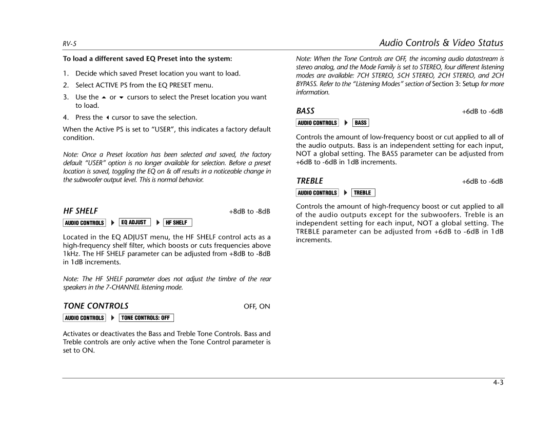 Lexicon RV Receiver manual HF Shelf, Tone Controls, Bass, Treble, To load a different saved EQ Preset into the system 