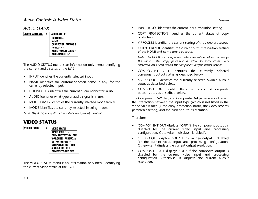 Lexicon RV Receiver manual Video Status, Audio Status 