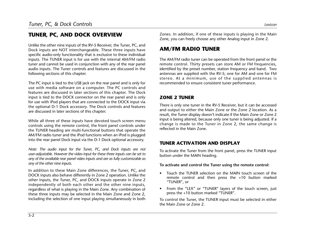 Lexicon RV Receiver manual TUNER, PC, and Dock Overview, AM/FM Radio Tuner, Zone 2 Tuner, Tuner Activation and Display 