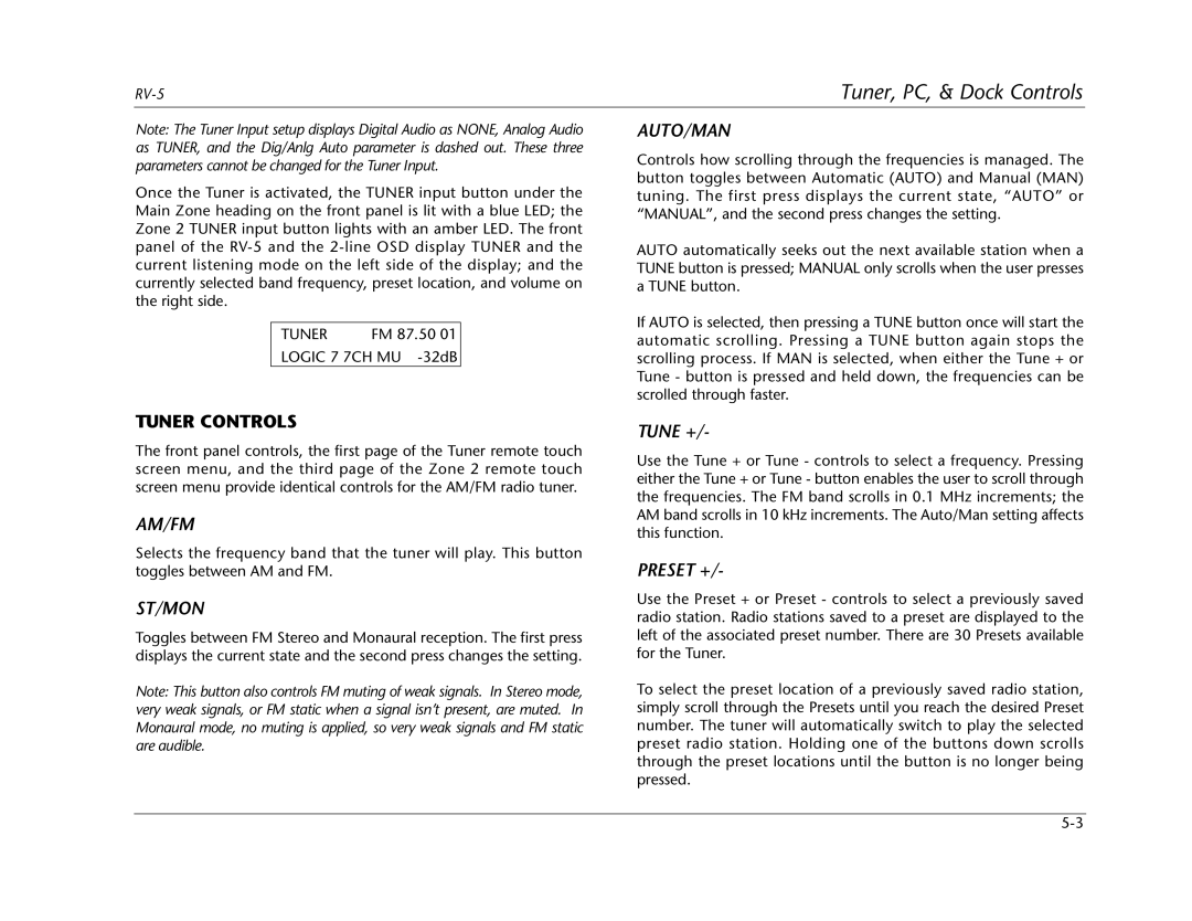 Lexicon RV Receiver manual Tuner Controls, Am/Fm, St/Mon, Auto/Man, Preset + 