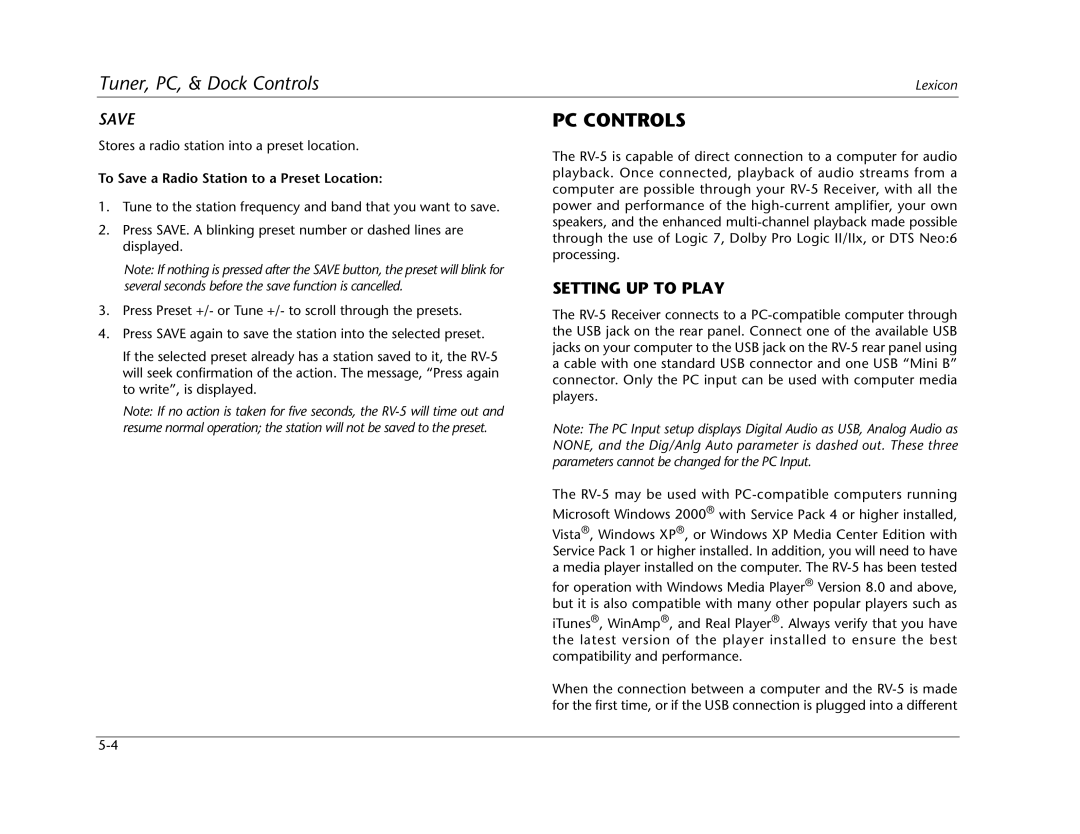 Lexicon RV Receiver manual PC Controls, Setting UP to Play, To Save a Radio Station to a Preset Location 