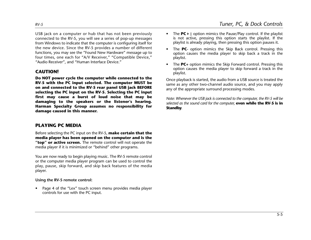 Lexicon RV Receiver manual Playing PC Media, Using the RV-5 remote control 