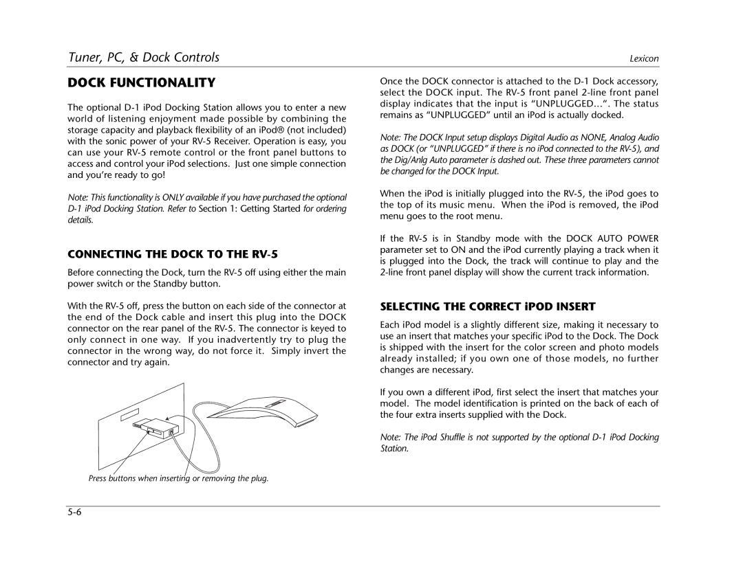 Lexicon RV Receiver manual Dock Functionality, Connecting the Dock to the RV-5 