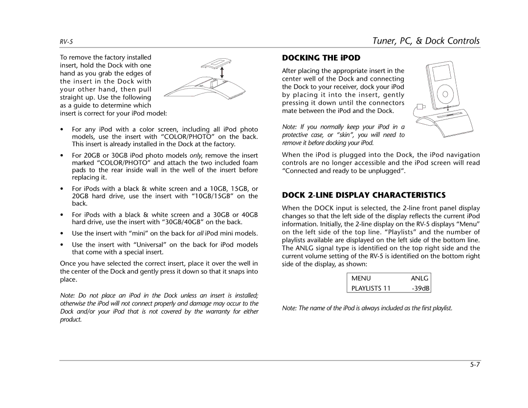 Lexicon RV Receiver manual Docking the iPOD, Dock 2-LINE Display Characteristics 