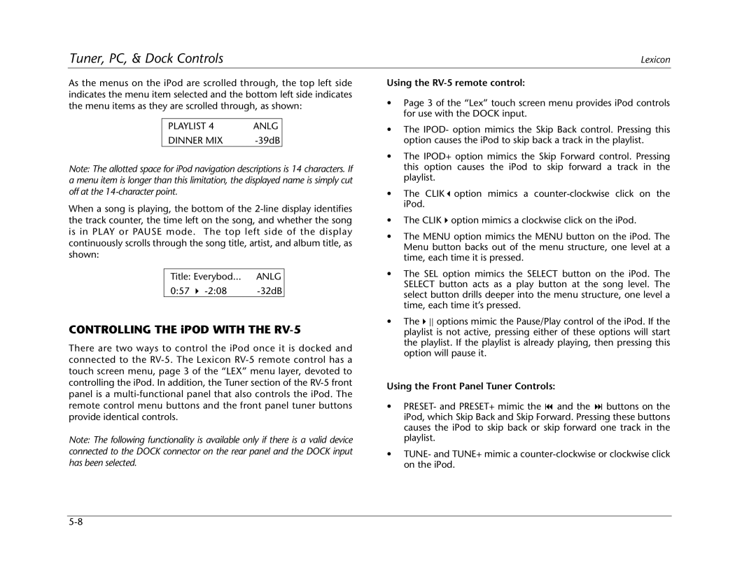 Lexicon RV Receiver manual Playlist Anlg Dinner MIX, Using the Front Panel Tuner Controls 