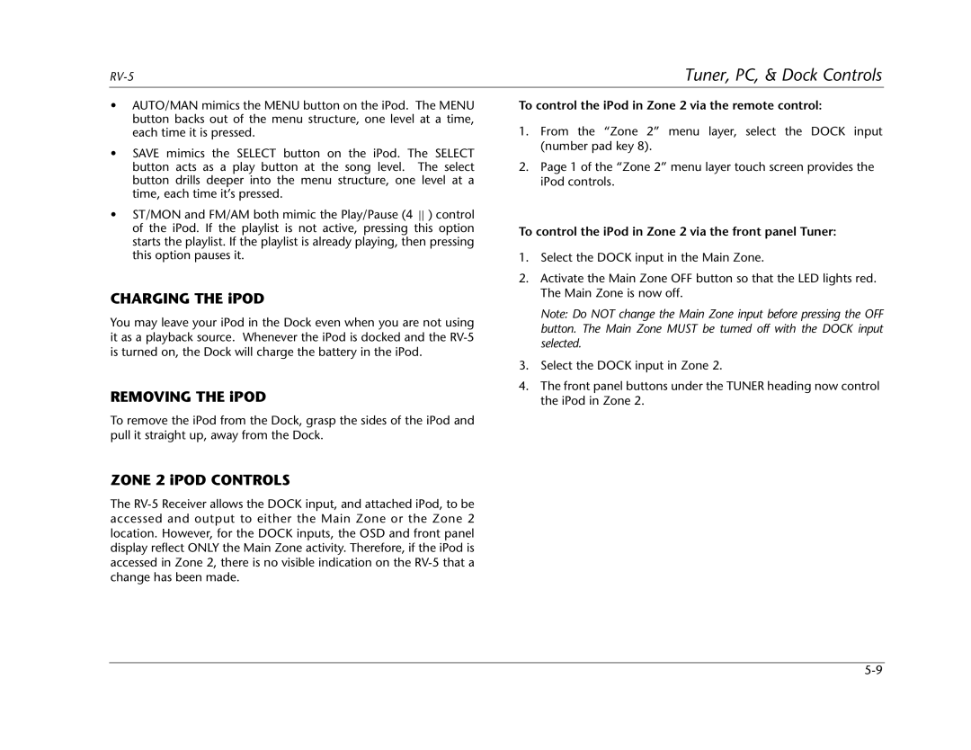 Lexicon RV Receiver manual To control the iPod in Zone 2 via the remote control 