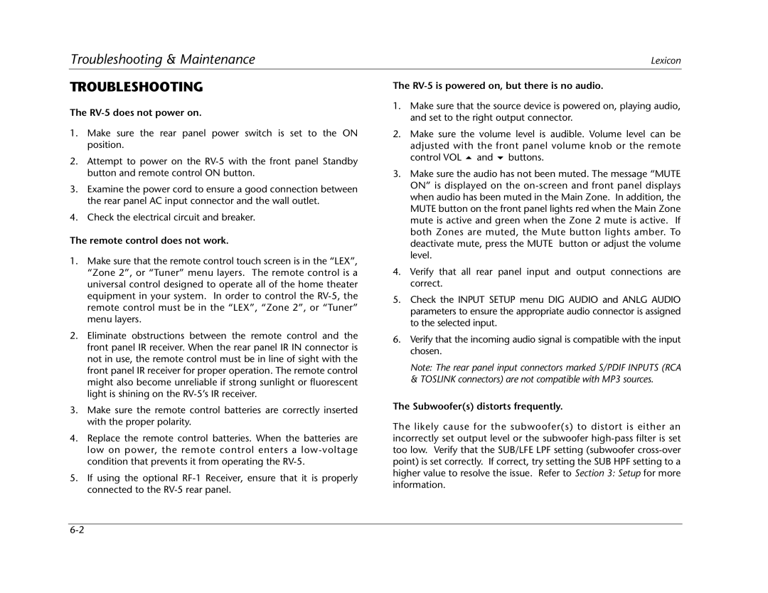Lexicon RV Receiver Troubleshooting, RV-5 does not power on, Remote control does not work, Subwoofers distorts frequently 