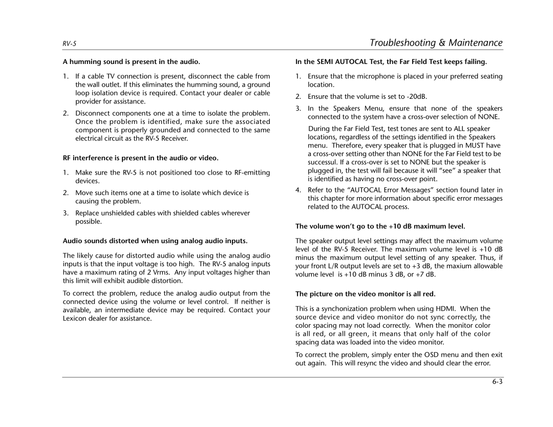 Lexicon RV Receiver manual Humming sound is present in the audio, RF interference is present in the audio or video 