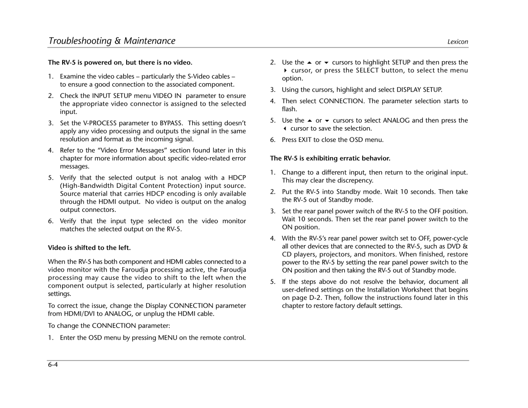 Lexicon RV Receiver manual RV-5 is powered on, but there is no video, Video is shifted to the left 