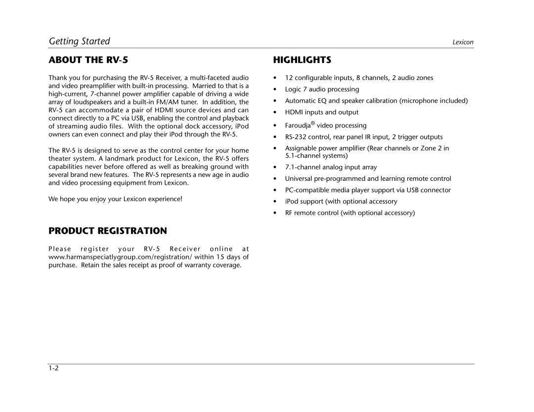 Lexicon RV Receiver manual About the RV-5, Product Registration Highlights 