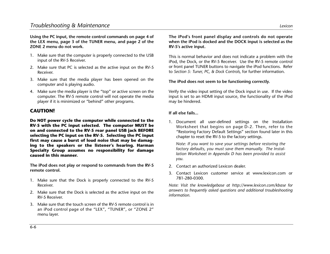 Lexicon RV Receiver manual IPod does not seem to be functioning correctly, If all else fails 