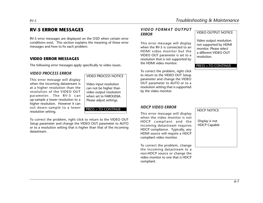 Lexicon RV Receiver manual RV-5 Error Messages, Video Error Messages, Video Format Output Error, Video Process Error 