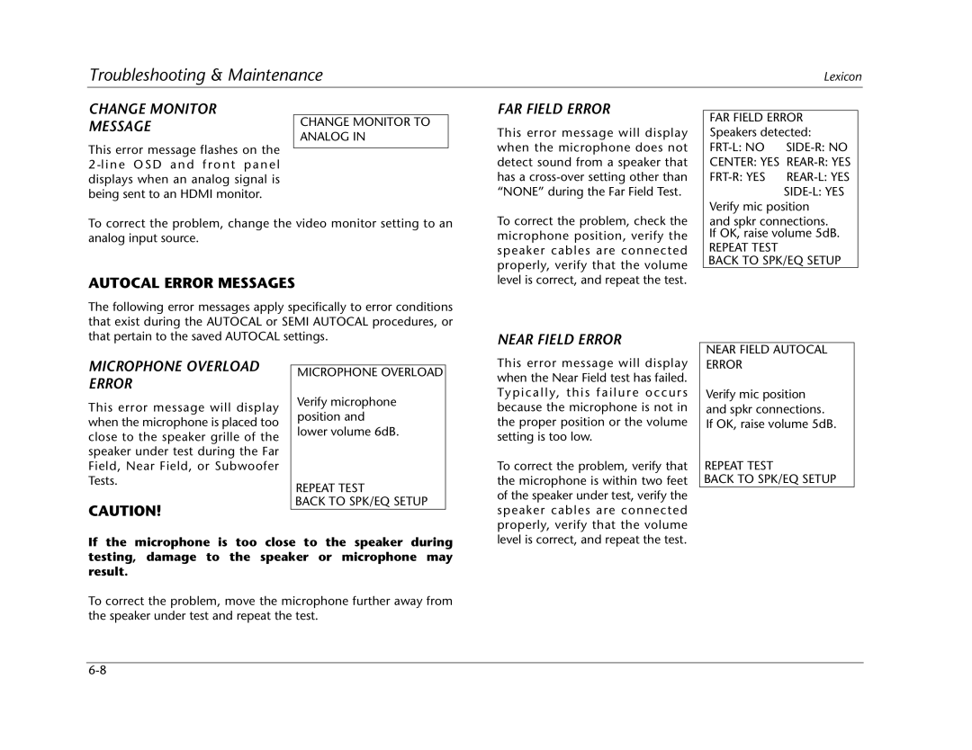 Lexicon RV Receiver manual Change Monitor Message, FAR Field Error, Autocal Error Messages 