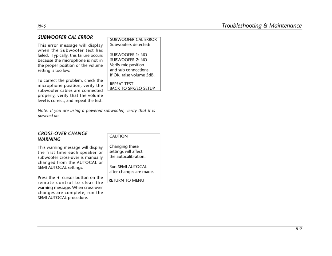 Lexicon RV Receiver manual Subwoofer CAL Error, CROSS-OVER Change Warning 