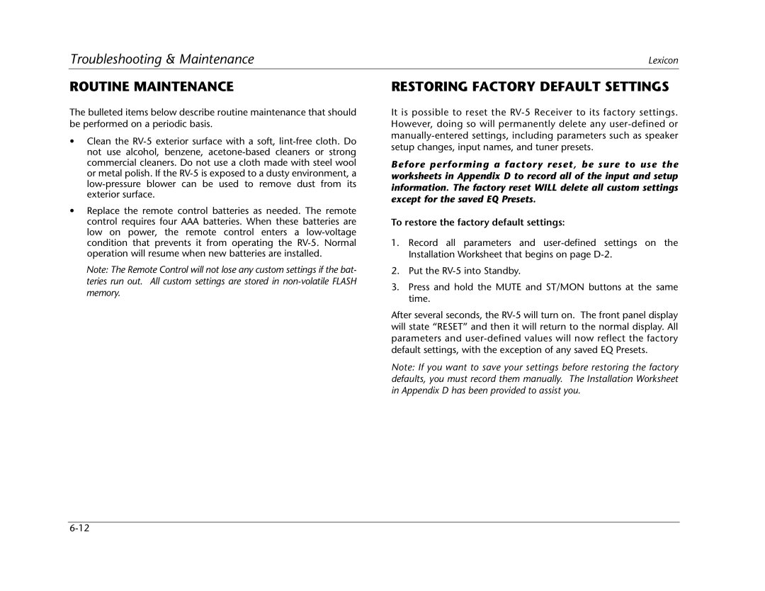 Lexicon RV Receiver manual Routine Maintenance, Restoring Factory Default Settings, To restore the factory default settings 