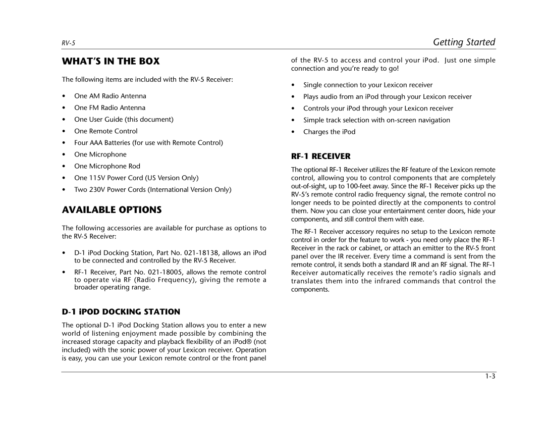 Lexicon RV Receiver manual WHAT’S in the BOX, Available Options, RF-1 Receiver 