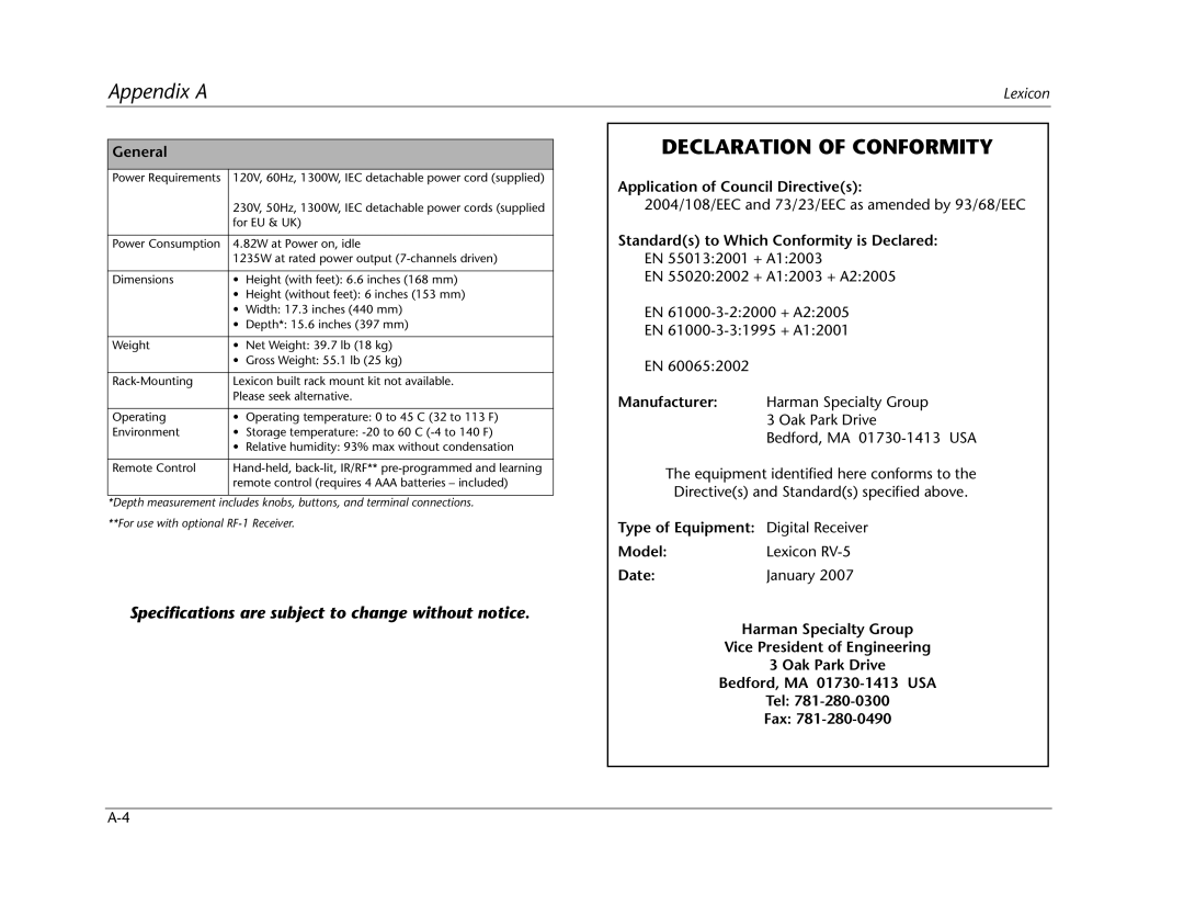 Lexicon RV Receiver manual Declaration of Conformity, General, Application of Council Directives, Date 