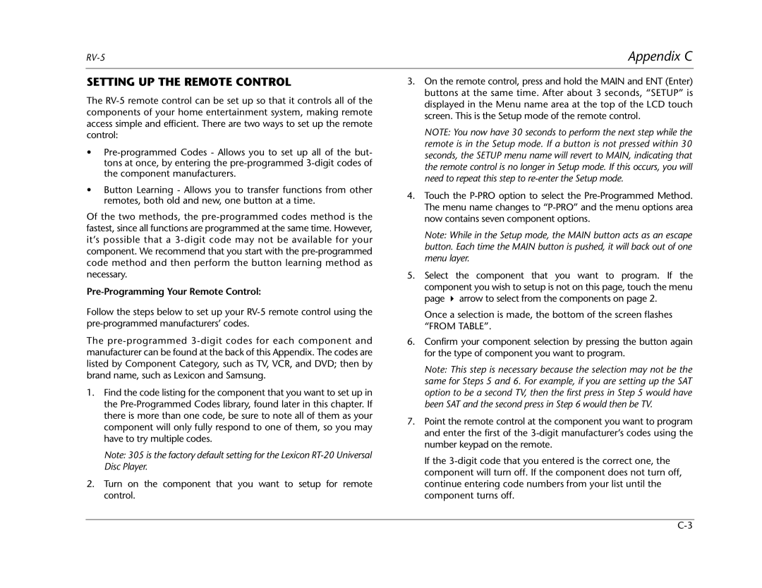 Lexicon RV Receiver manual Setting UP the Remote Control, Pre-Programming Your Remote Control 