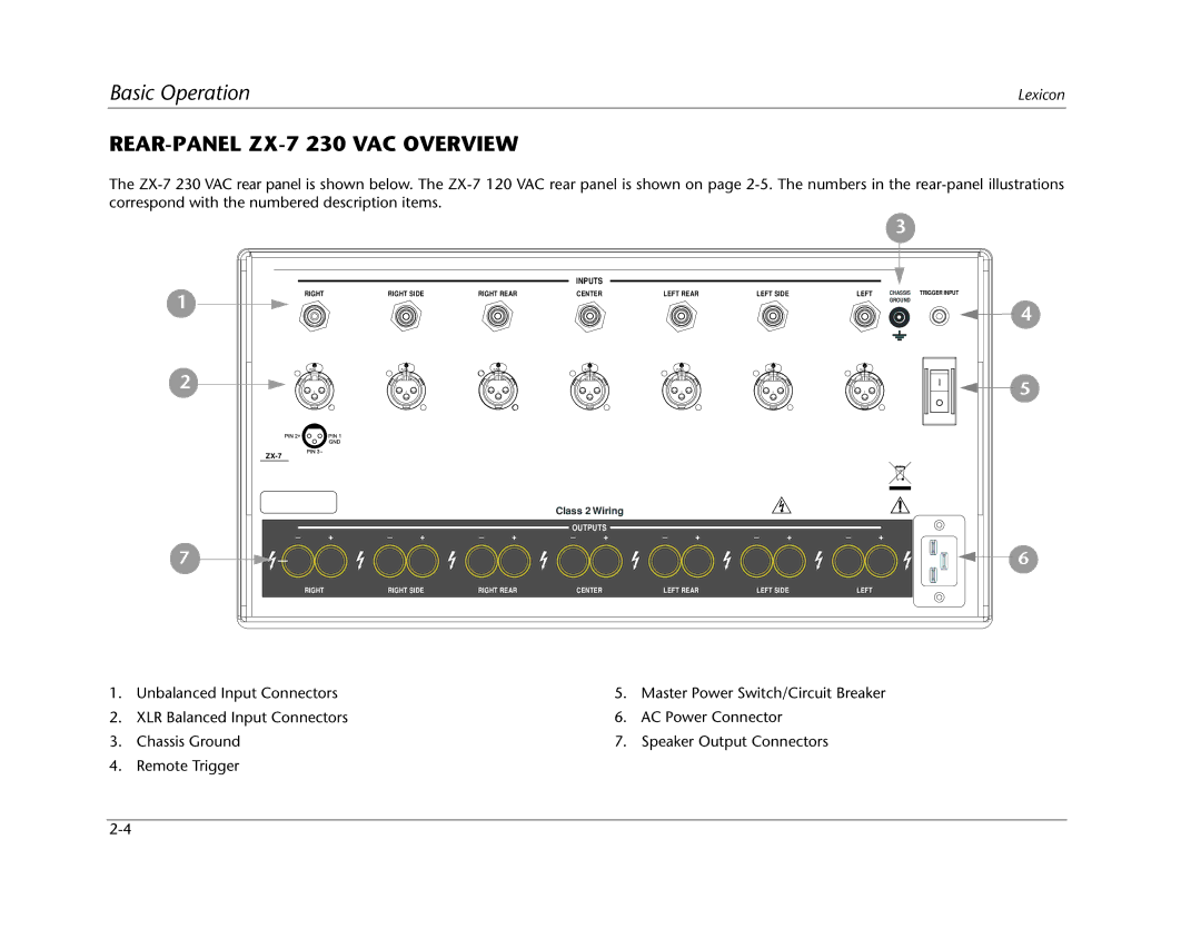 Lexicon RX-7 manual REAR-PANEL ZX-7 230 VAC Overview, Inputs 