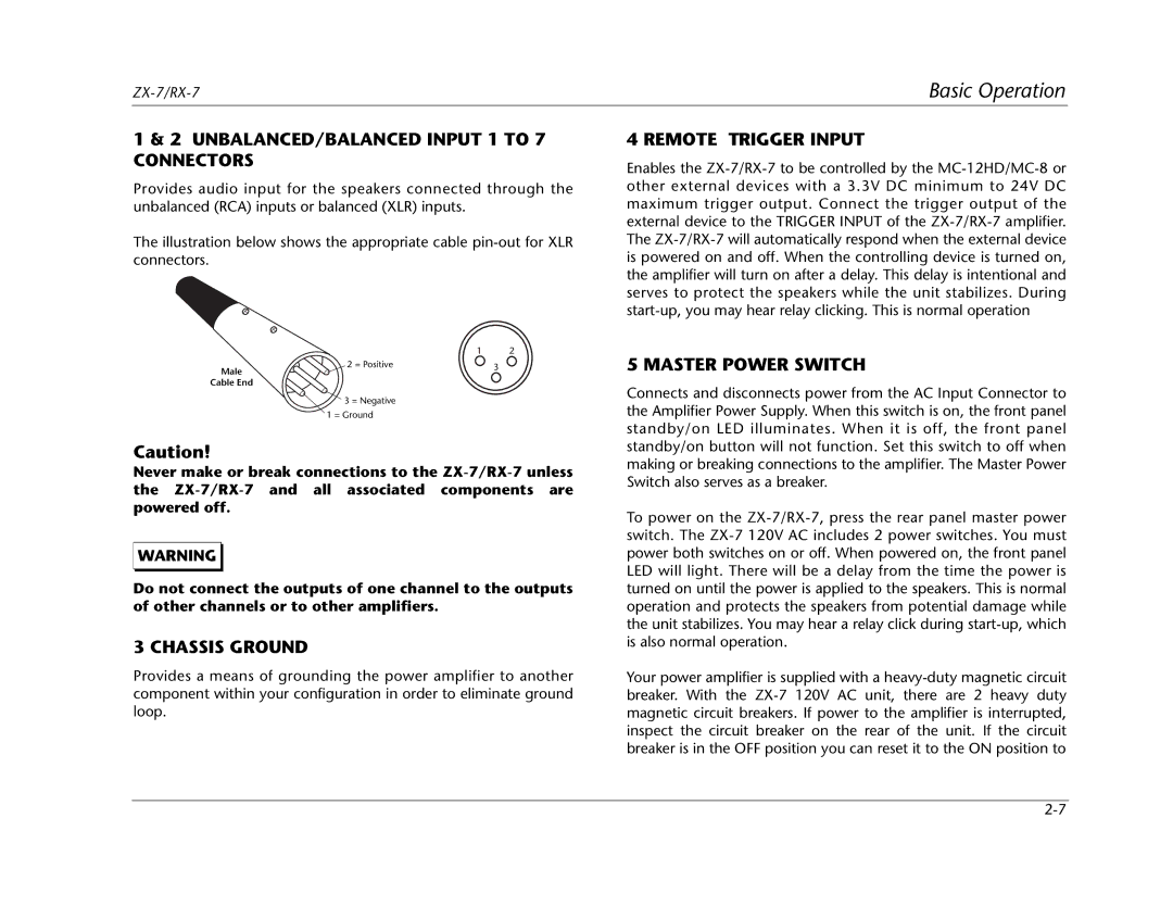 Lexicon RX-7 manual UNBALANCED/BALANCED Input 1 to 7 Connectors, Chassis Ground, Remote Trigger Input, Master Power Switch 