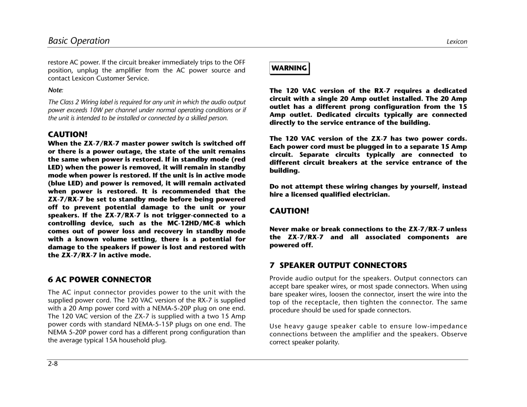 Lexicon RX-7 manual AC Power Connector, Speaker Output Connectors 