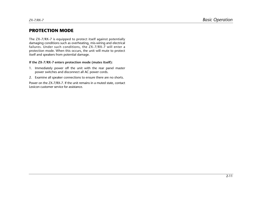 Lexicon manual Protection Mode, If the ZX-7/RX-7 enters protection mode mutes itself 