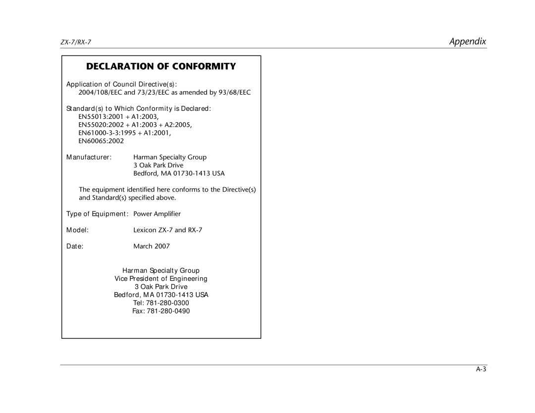 Lexicon RX-7 manual Declaration of Conformity, Application of Council Directives, Standards to Which Conformity is Declared 