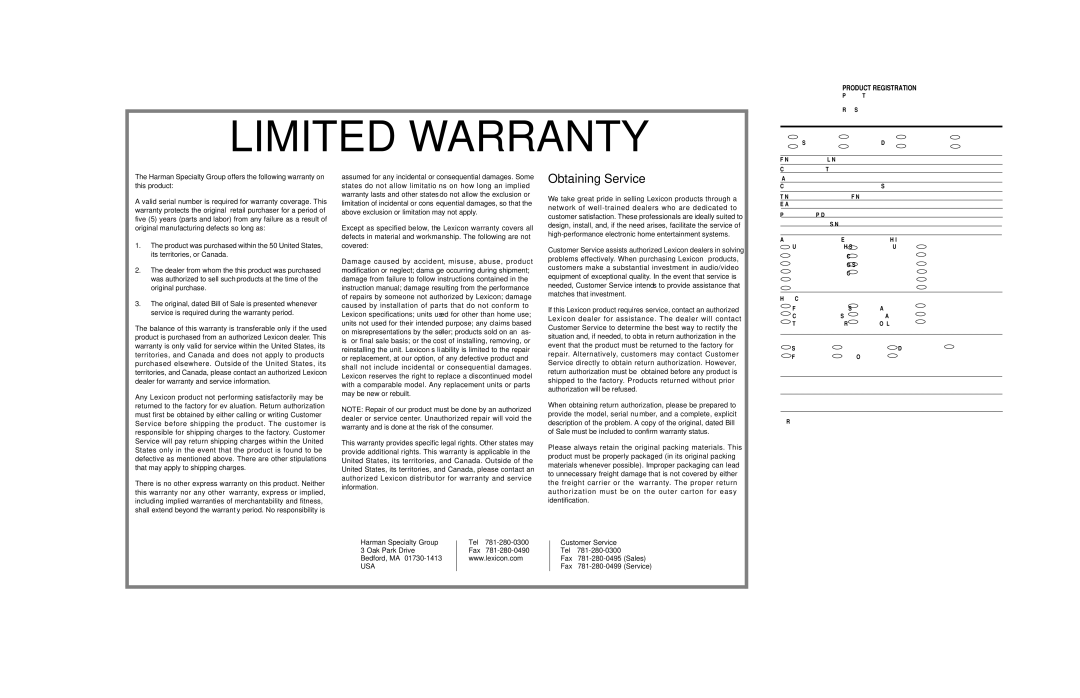 Lexicon RX-7 manual Limited Warranty 