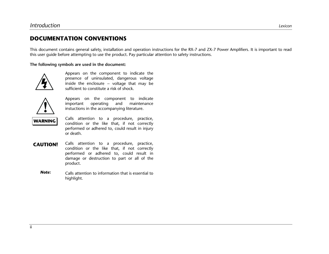 Lexicon RX-7 manual Documentation Conventions, Following symbols are used in the document 