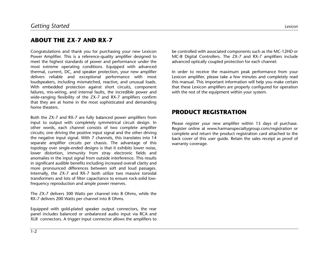 Lexicon manual About the ZX-7 and RX-7, Product Registration 