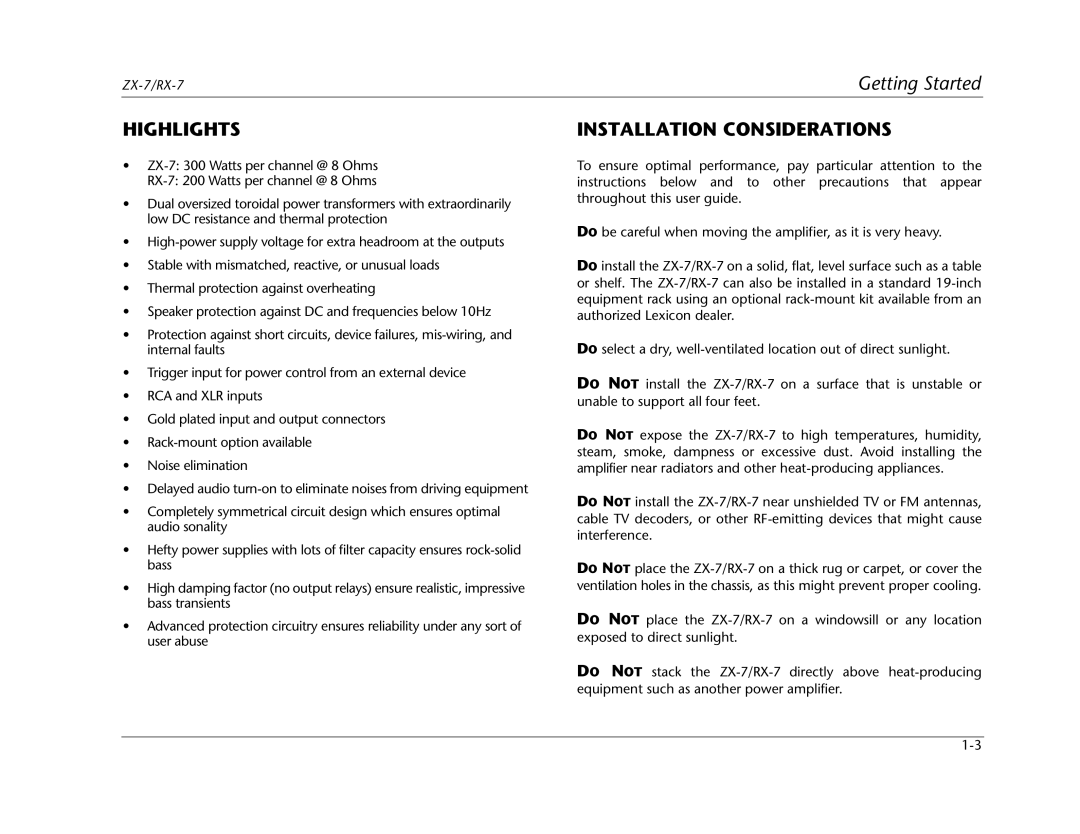 Lexicon RX-7 manual Highlights, Installation Considerations 