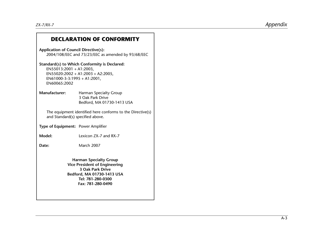 Lexicon manual Declaration Of Conformity, Appendix, ZX-7/RX-7 