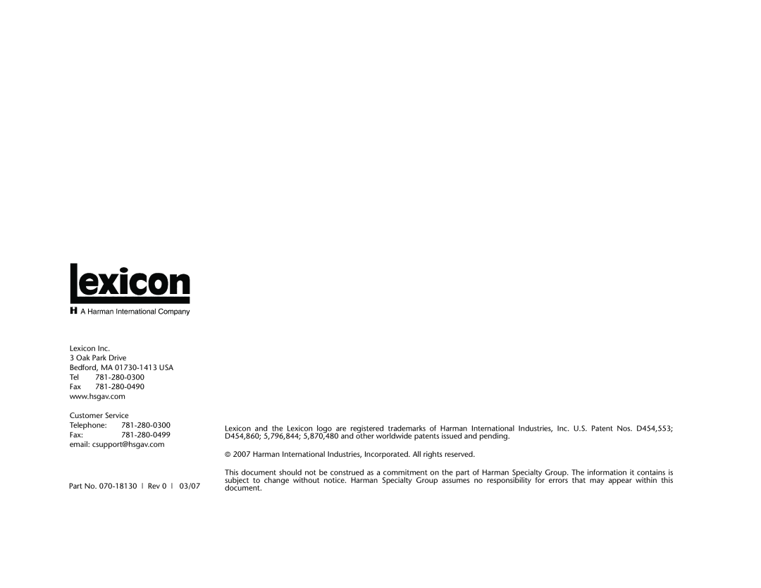 Lexicon RX-7 manual Lexicon Inc 3 Oak Park Drive, Bedford, MA 01730-1413USA Tel, Customer Service, Telephone, document 