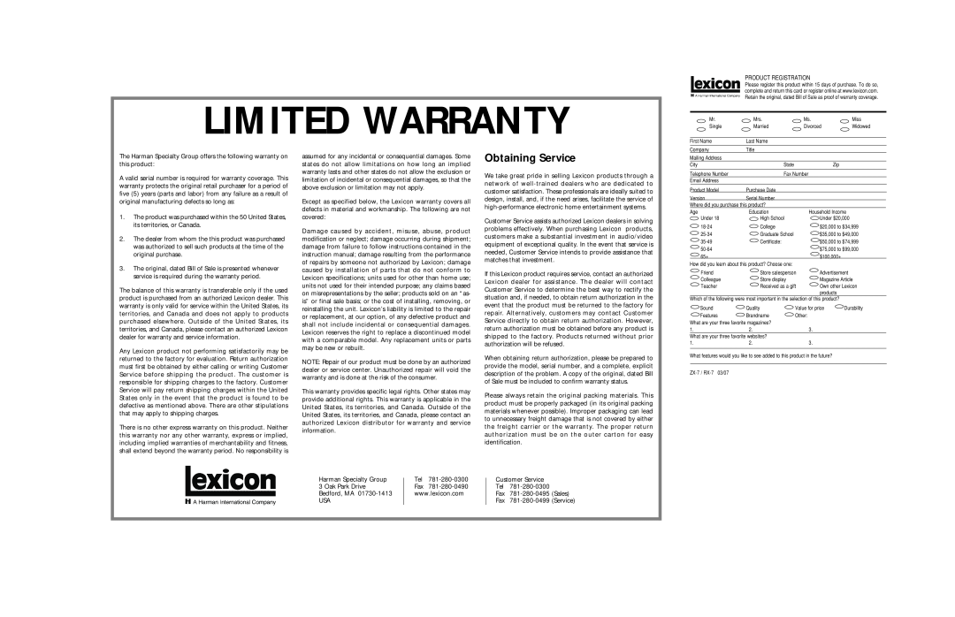 Lexicon RX-7 manual Obtaining Service, Limited Warranty 