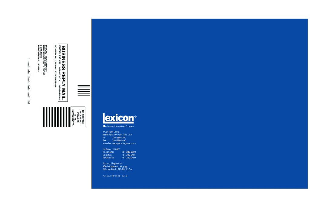 Lexicon RX-7 manual Part No. 070-18130 Rev, A Harman International Company 