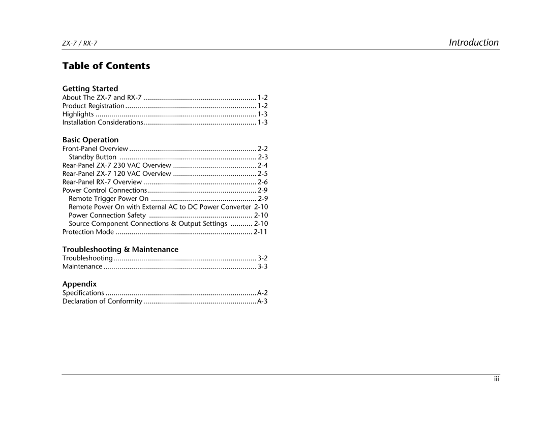 Lexicon RX-7 Table of Contents, Introduction, Getting Started, Basic Operation, Troubleshooting & Maintenance, Appendix 