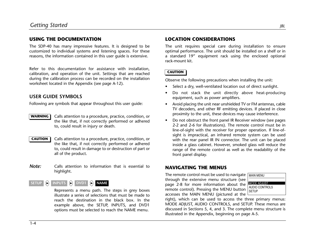 Lexicon SDP-40 manual Using the Documentation, User Guide Symbols, Location Considerations, Navigating the Menus 