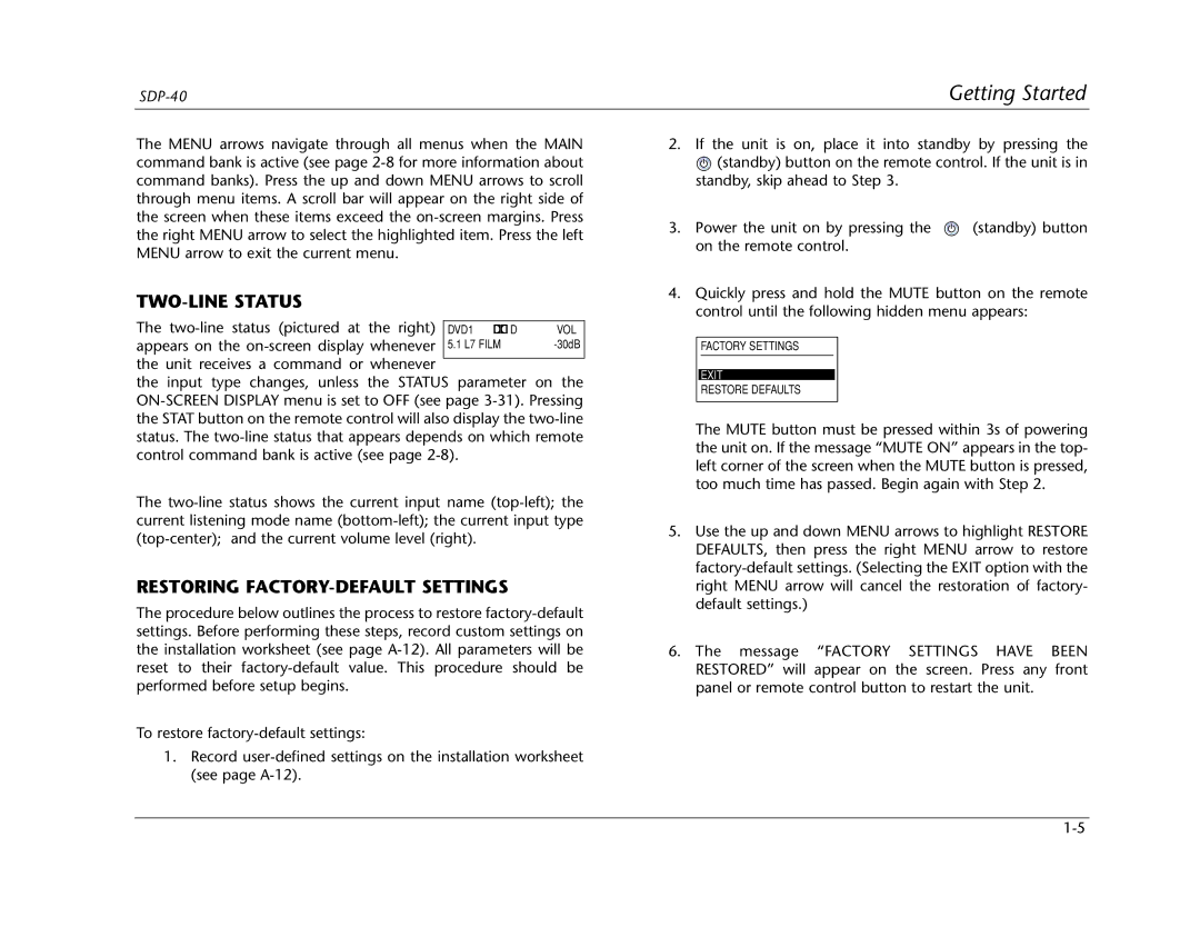 Lexicon SDP-40 manual TWO-LINE Status, Restoring FACTORY-DEFAULT Settings, Exit 