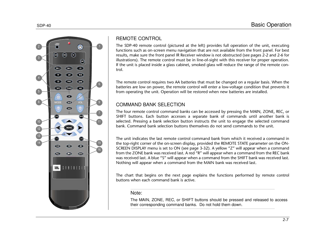 Lexicon SDP-40 manual Remote Control, Command Bank Selection 